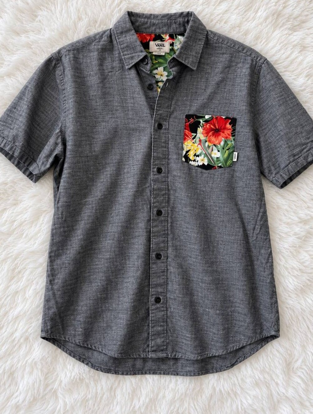 Vans Charcoal Short-Sleeve Button-Up with Floral Pocket